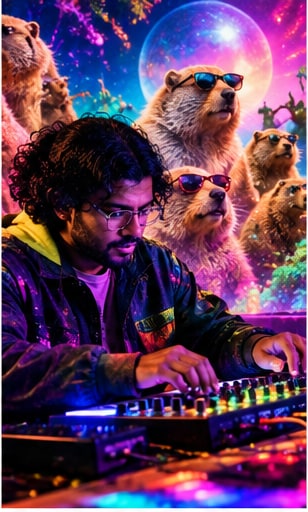 Electronic producer Nikki Nair performing at synthesizer with psychedelic neon groundhogs wearing sunglasses.