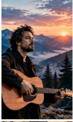 Kristian Matsson performing acoustic guitar on a misty mountain summit during sunrise.