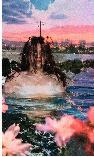 Distorted shoegaze portrait of a figure submerged in water under pink textured sky.