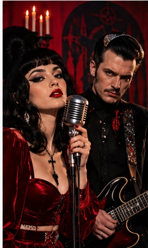 Occult doo-wop duo Twin Temple in vintage crimson velvet and black outfits before an altar with candles.