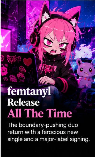 Hyper-stylized neon anime cyber-character with pink hair and headphones producing frantic digital noise on a laptop.