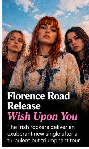 Irish alternative-rock band Florence Road looking upward into a pastel sky in fuzzy warm sweaters.