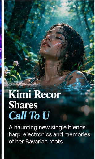 Musician Kimi Recor immersed in clear forest pond water with closed eyes amidst lush Bavarian greenery.