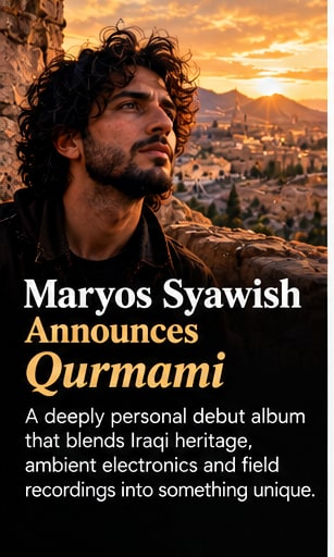 Composer Maryos Syawish looking thoughtfully toward an ancient Mesopotamian hilltop city at golden hour.