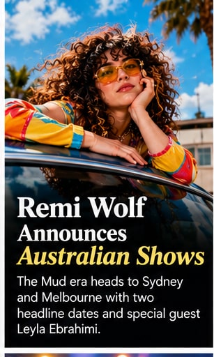 Remi Wolf with vibrant curly hair and yellow sunglasses leaning playfully against a car roof under bright blue sky.