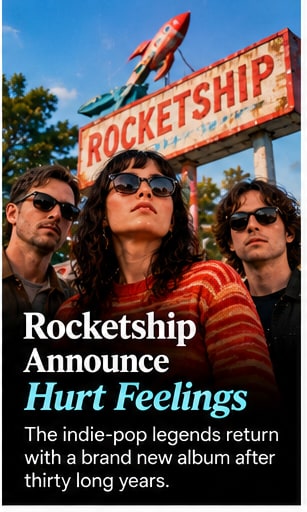 Indie-pop band Rocketship standing in sunglasses beneath a vintage roadside Rocketship sign against blue sky.