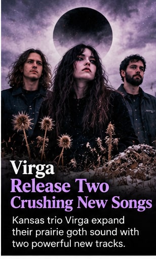 Lawrence Kansas heavy trio Virga standing in a dramatic prairie goth landscape under an ominous celestial eclipse.