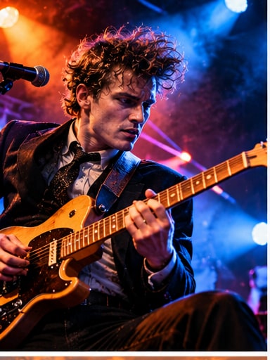 Alternative rock guitarist playing electric guitar on stage under dramatic red and blue concert lighting.