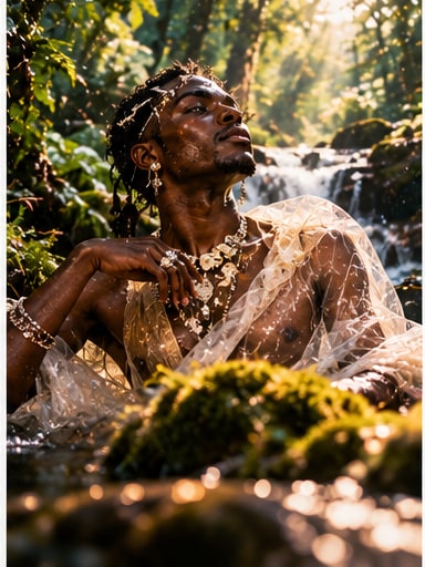 serpentwithfeet adorned with pearl jewelry and sheer lace shirt seated in a mossy woodland river.