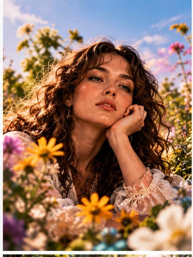 Sophia J Smith with long curly hair resting her chin on her hand amidst blooming meadow wildflowers and sunflowers.