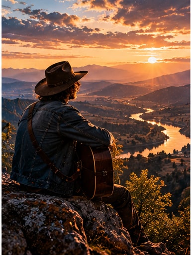Singer-songwriter Steve Stinson in a felt cowboy hat seen from behind with an acoustic guitar, looking across a wide winding river valley at sunset.
