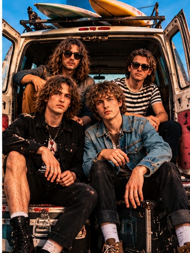 Four-piece Australian indie rock band The Somedays sitting casually by the open doors of a vintage camper van with surfboards.