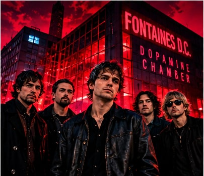 Irish alternative rock band Fontaines D.C. in dark leather coats standing outside a building glowing in red neon for Dopamine Chamber.